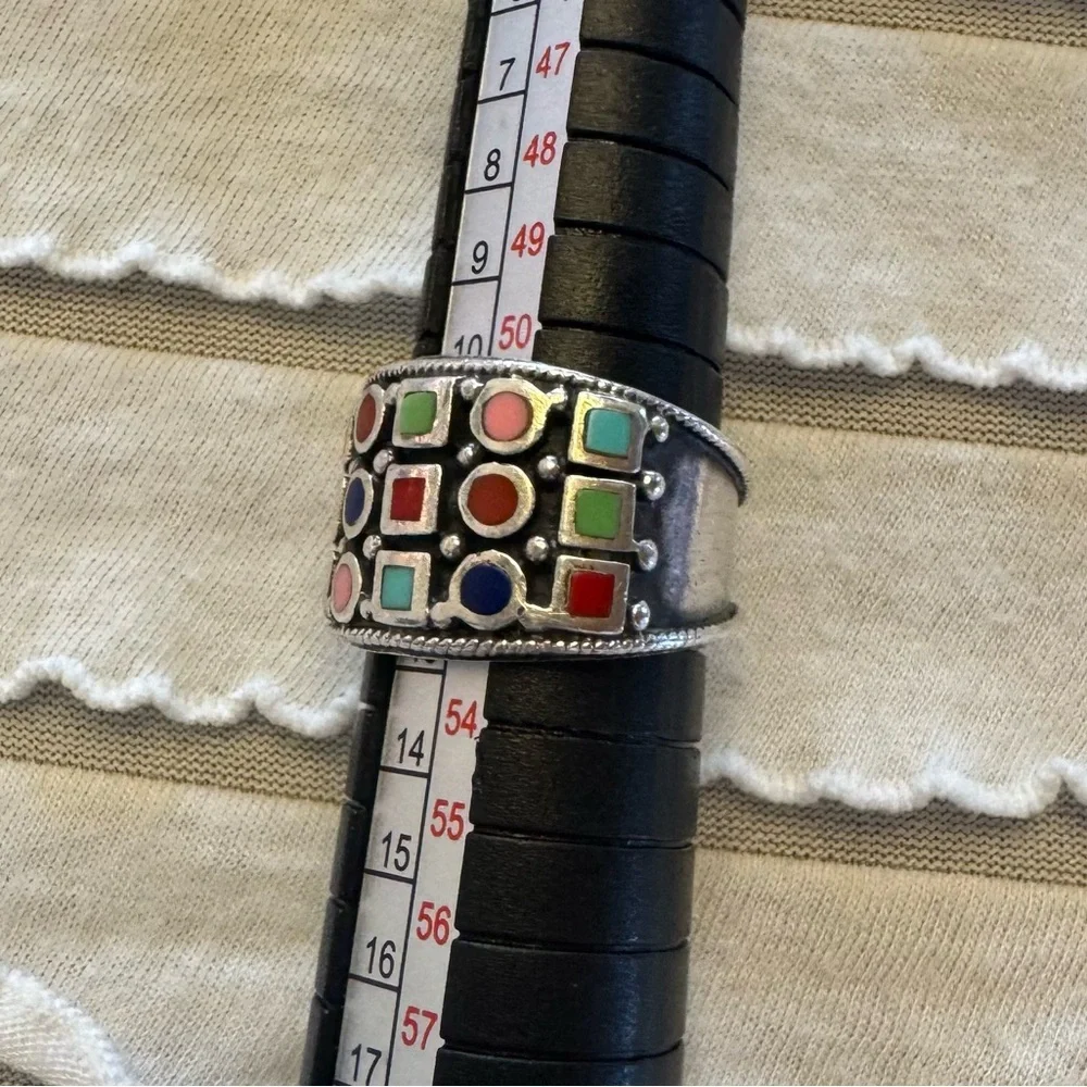 Vintage Enameled MultiColor Sterling Silver Wide Band Ring 925 Sz 6 Tribal Inlay